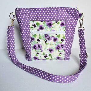 NEW Purple Polka Dot Floral Crossbody Purse | Lightweight Washable Shoulder Bag